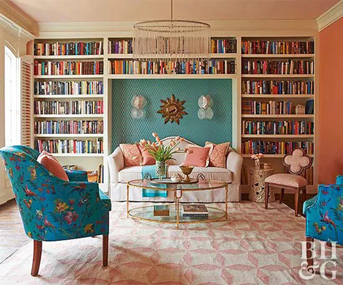 Teal and Peach library room