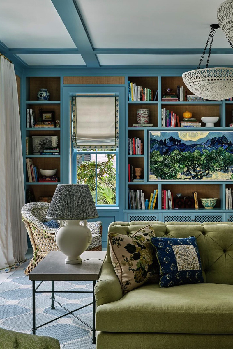 Bold teal and green family room