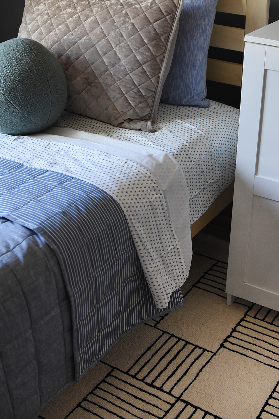 Blue and white neutral boy bedding