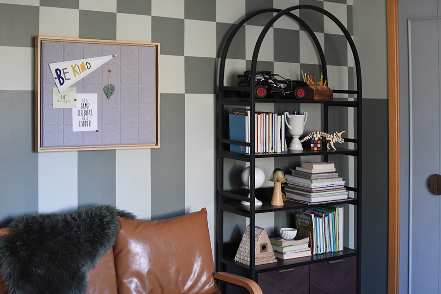 Bulletin Board and Arched Bookcase