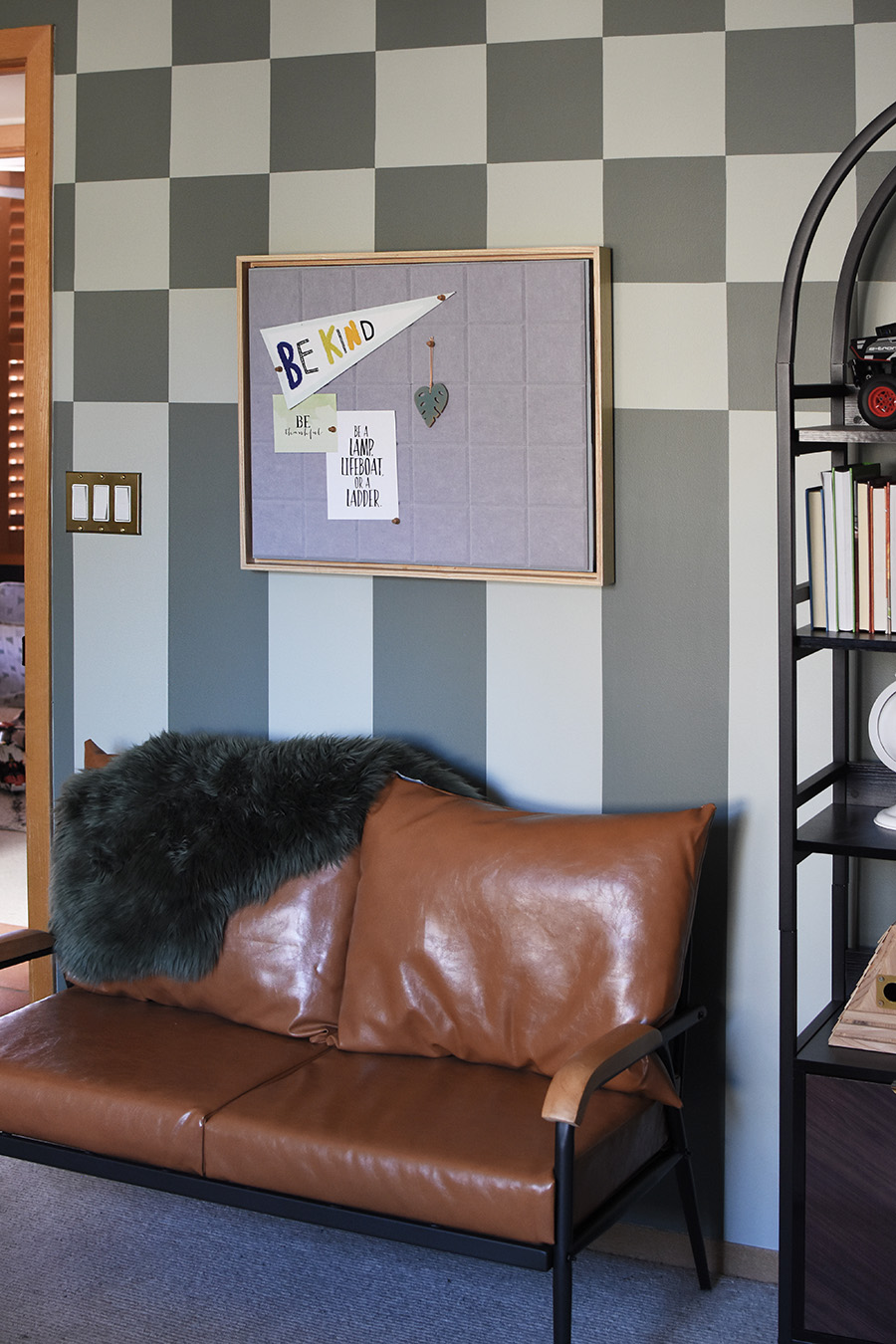 Felted Bulletin Board and fake leather sofa