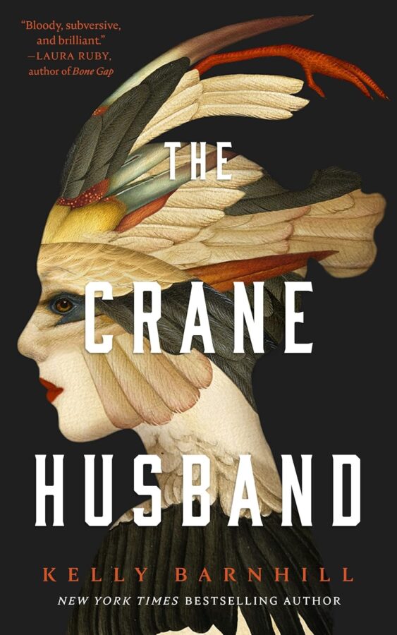 The Crane Husband, an image of a woman with crane like feathers on her face and hair - Fiction book