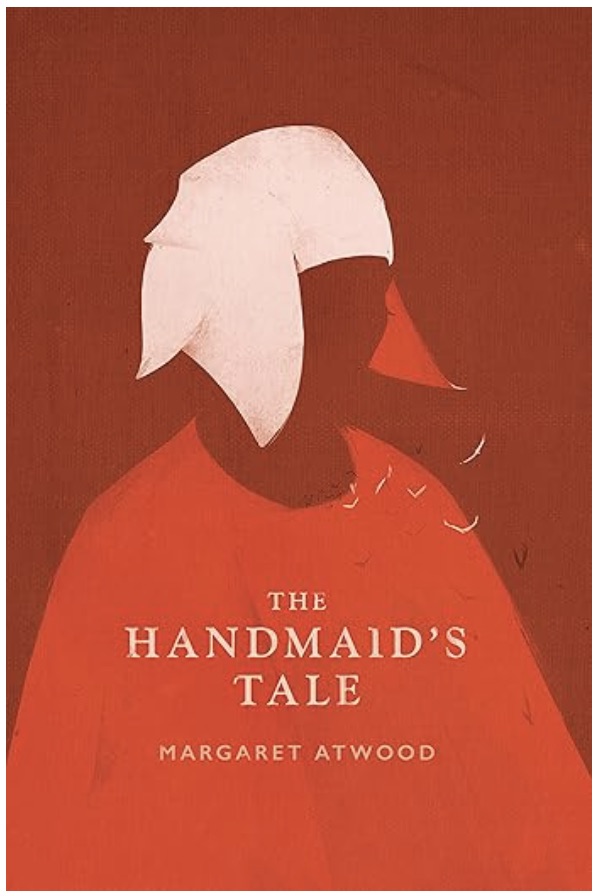 The Handmaid's Tale, red background with the figure of a woman dressed in a red dress and a white scarf hat - Fiction book