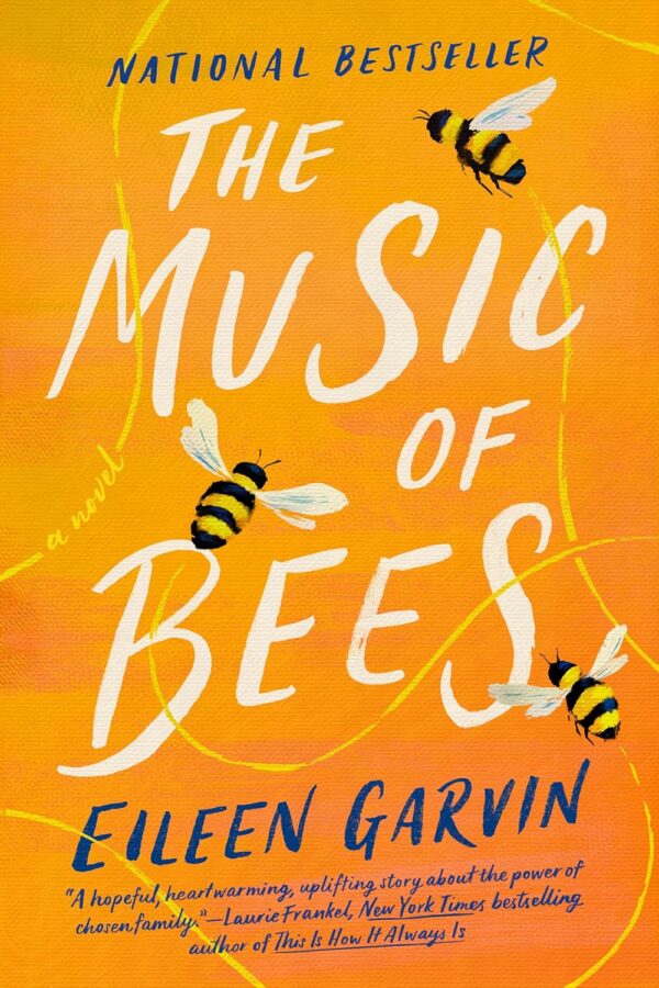 The Music of Bees, orange book cover with bees flying around - Fiction book