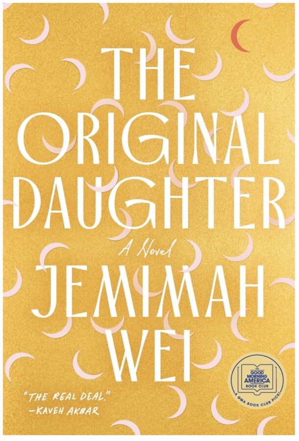 The Original Daughter, Yellow background with small pink crescent moons and the book title overtop - Fiction book