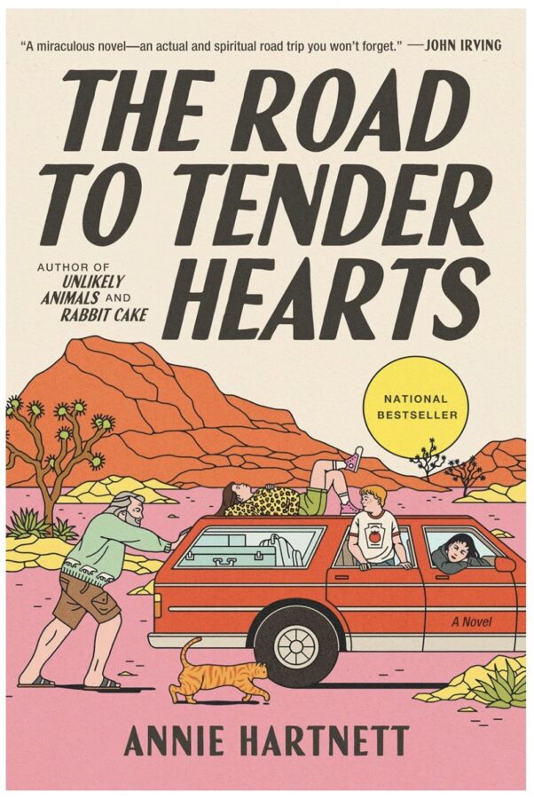 The Road to Tender hearts, illustration of a family road trip in a red station wagon. Old man pushing the car, kids in windows, orange tabby cat on the road - Fiction book