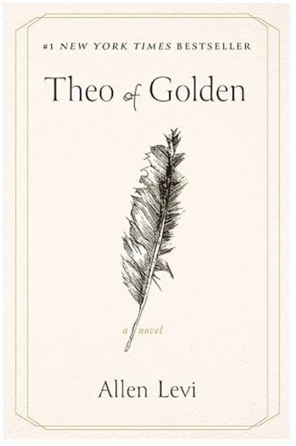 Theo of Golden, Illustration of a black feather on a cream background - Fiction book