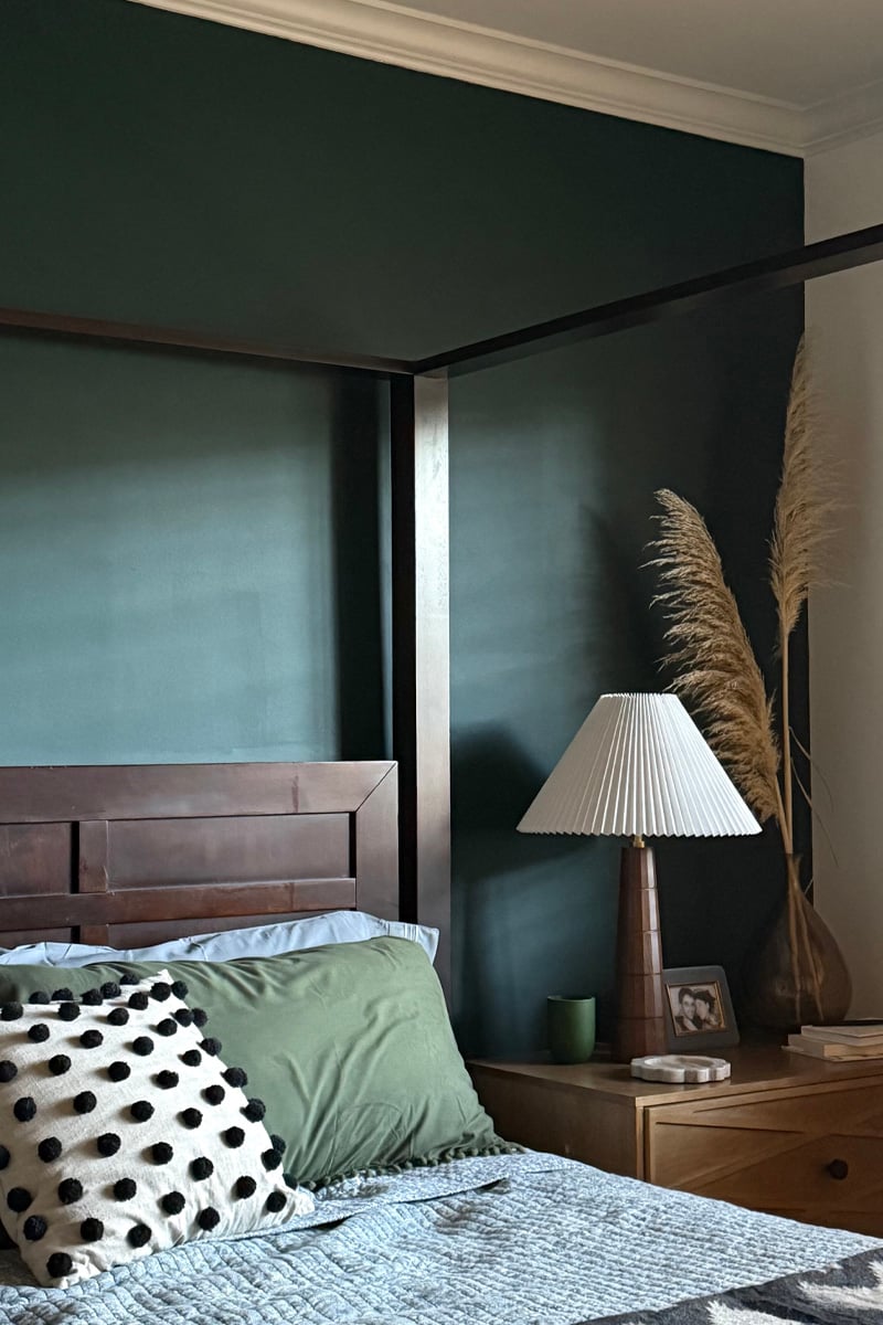 Thermal Green painted moody wall in primary bedroom