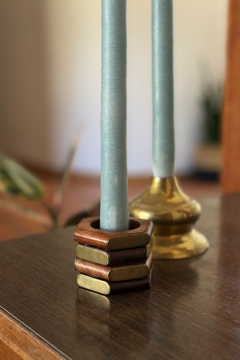 MCM wooden and gold napkin ring candle holder