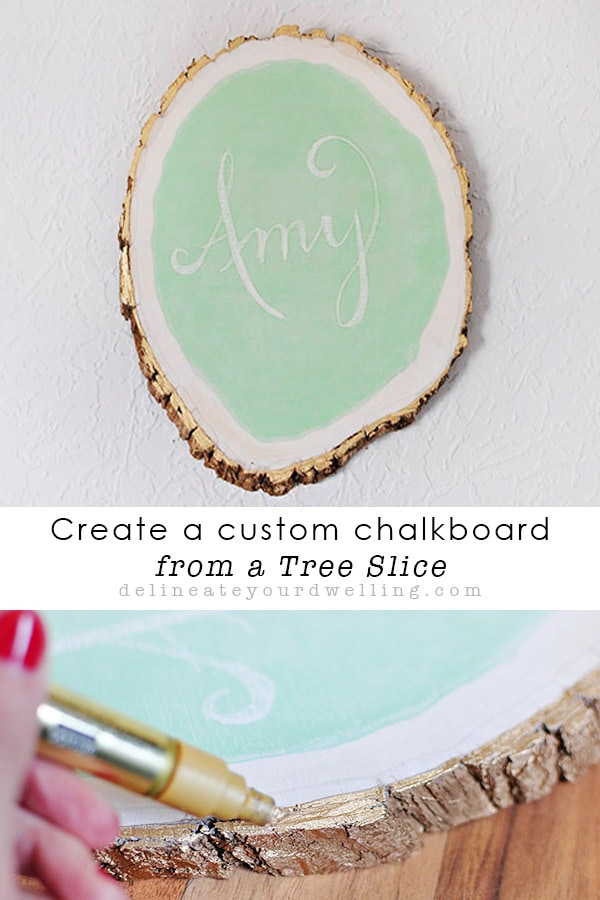 Learn how to make a custom chalkboard from a tree slice!  This is such a fun craft DIY project with a ton of personality. Delineate Your Dwelling #chalkboardcraft