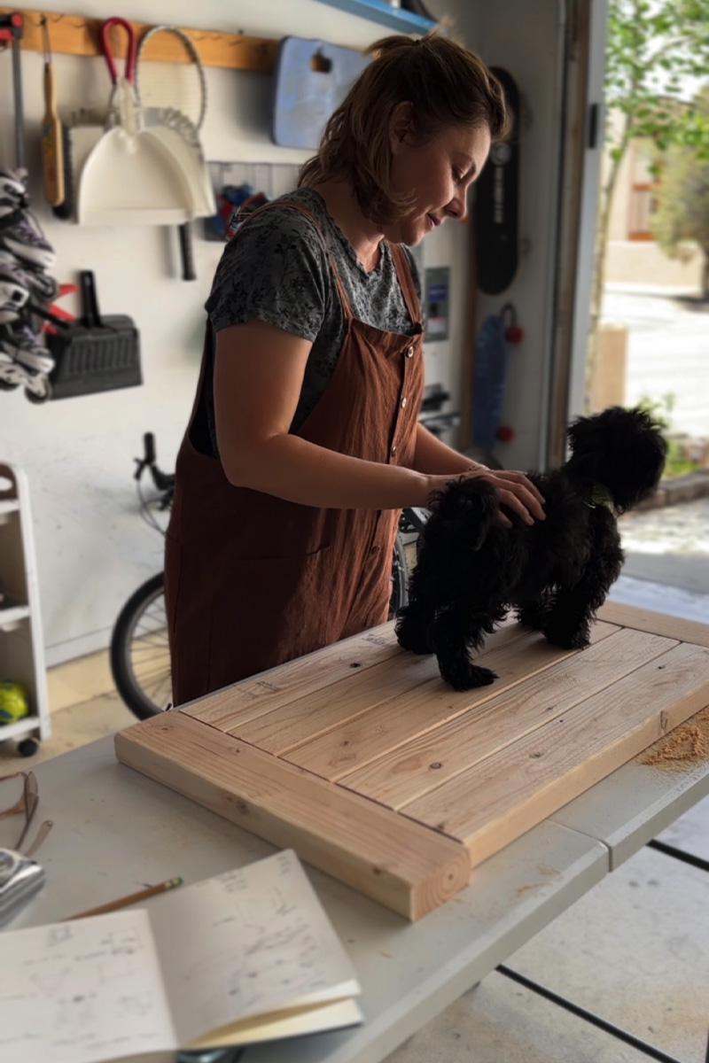 Black dog on wood frame