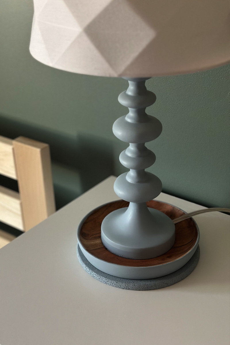 Soft blue and wood tone lamp