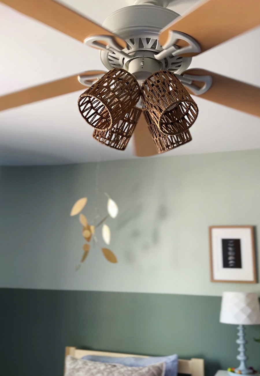 Light oak ceiling fan with rattan light shades