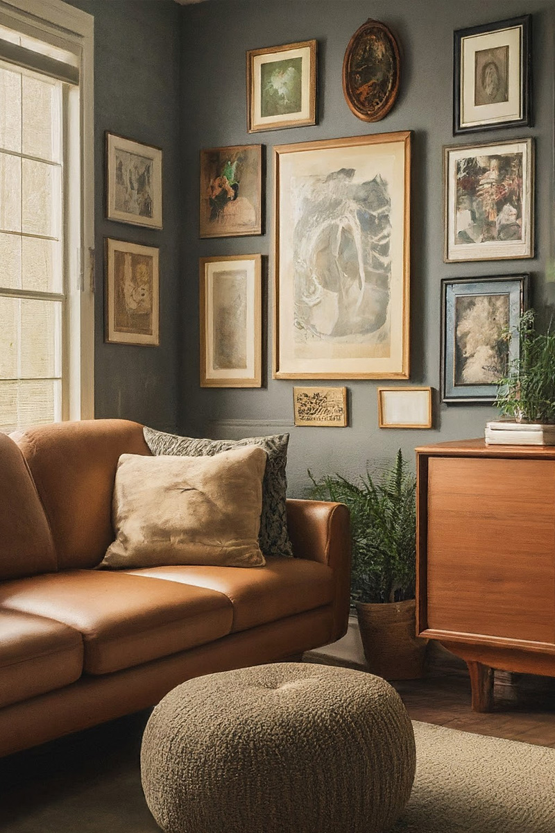 Slate blue wall with thrift gallery wall