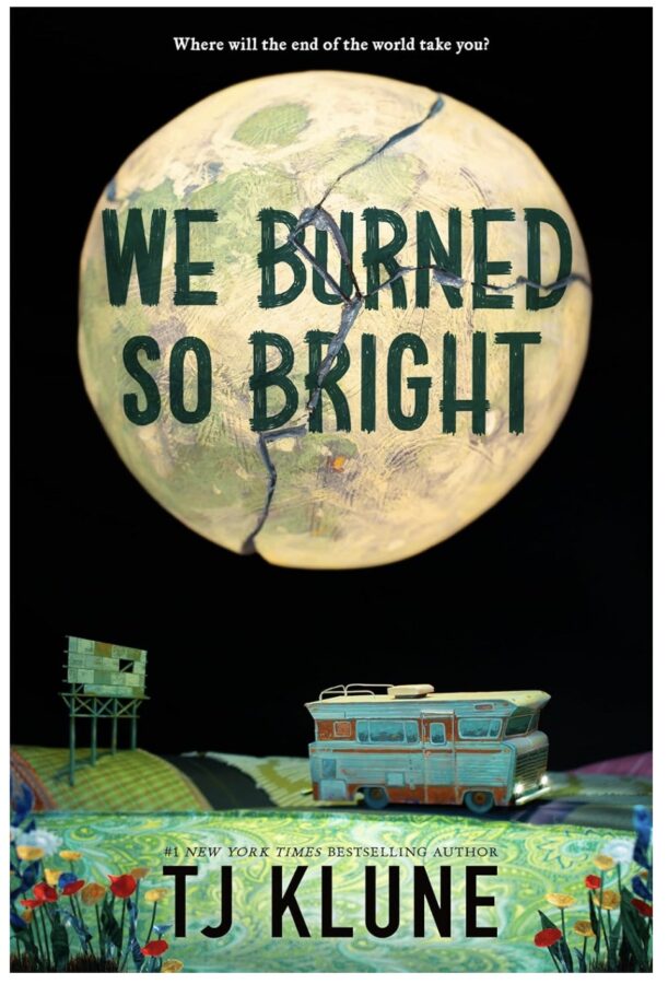 We Burned So Bright, black background with an RV driving along a green hilly road - Fiction book