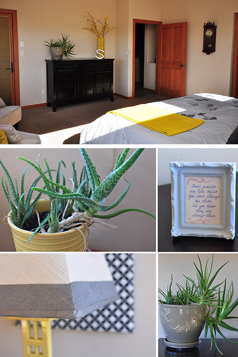 Yellow Gray Tan Bedroom decor details