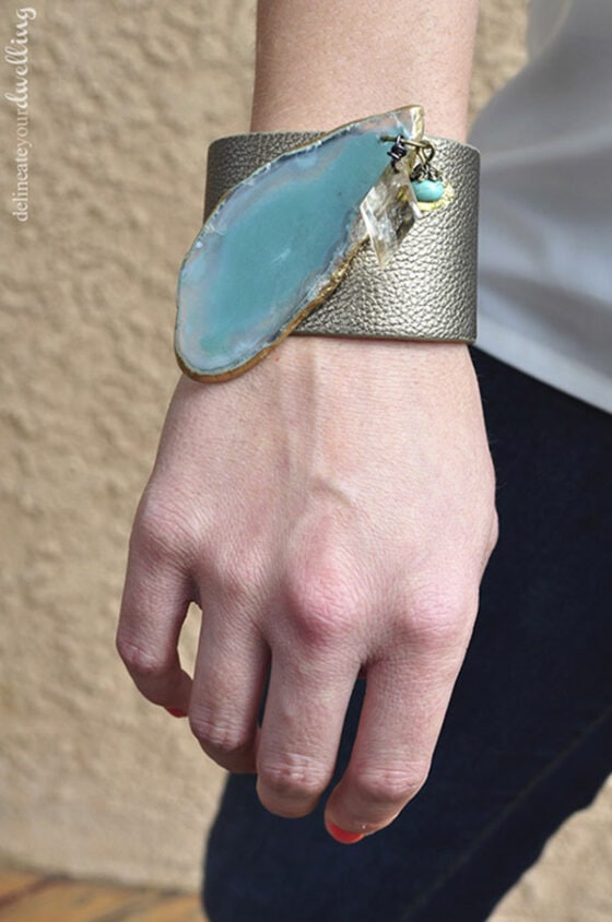 Faux Aqua Agate Leather Cuff Bracelet