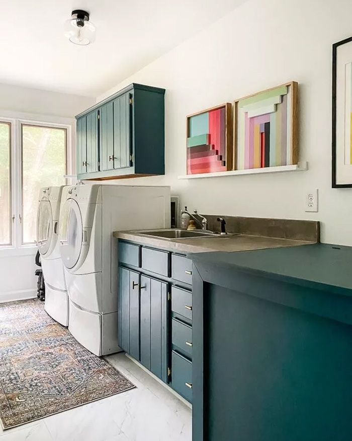 Laundry Room teal cabinets