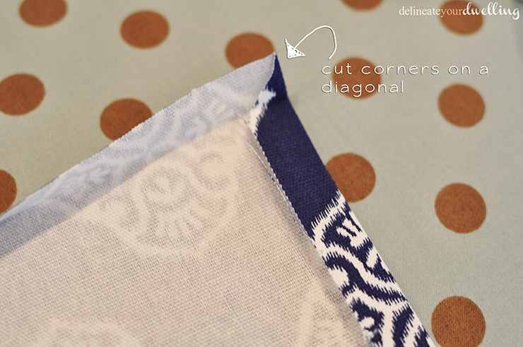 Cut fabric corner on diagonal