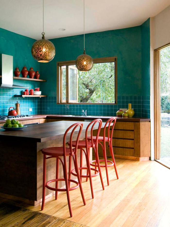 Teal and Red kitchen